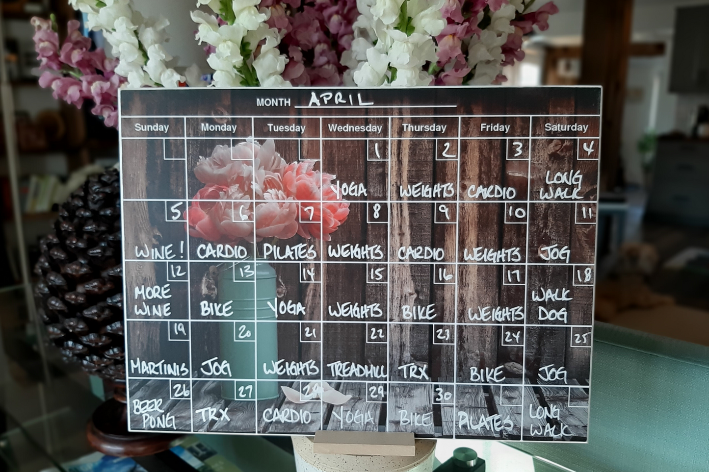 "Peonies on Barnboard" Calendar PHOTO CHALKBOARD Includes Chalkboard, Chalk Marker and Stand