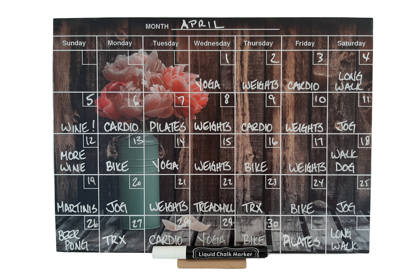 "Peonies on Barnboard" Calendar PHOTO CHALKBOARD Includes Chalkboard, Chalk Marker and Stand