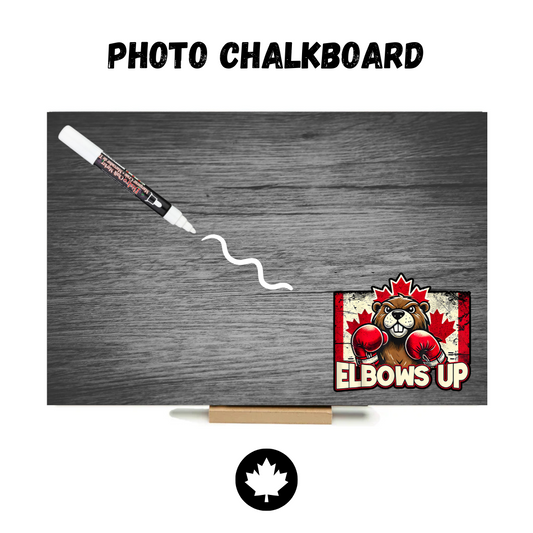 🍁Elbows UP - Beaver with Flag (Grey)🍁 PHOTO CHALKBOARD - Includes Photo Chalkboard, Marker and Stand