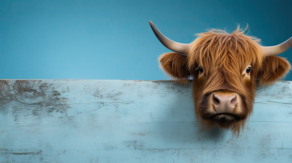 "Blue Barnboard Highland Cow" Flexible Fridge Magnet, including the marker