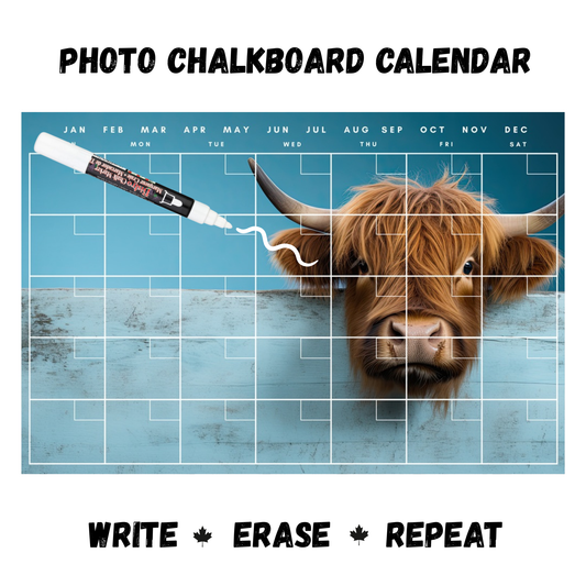 Highland Cow Calendar PHOTO CHALKBOARD Includes Chalkboard, Chalk Marker and Stand