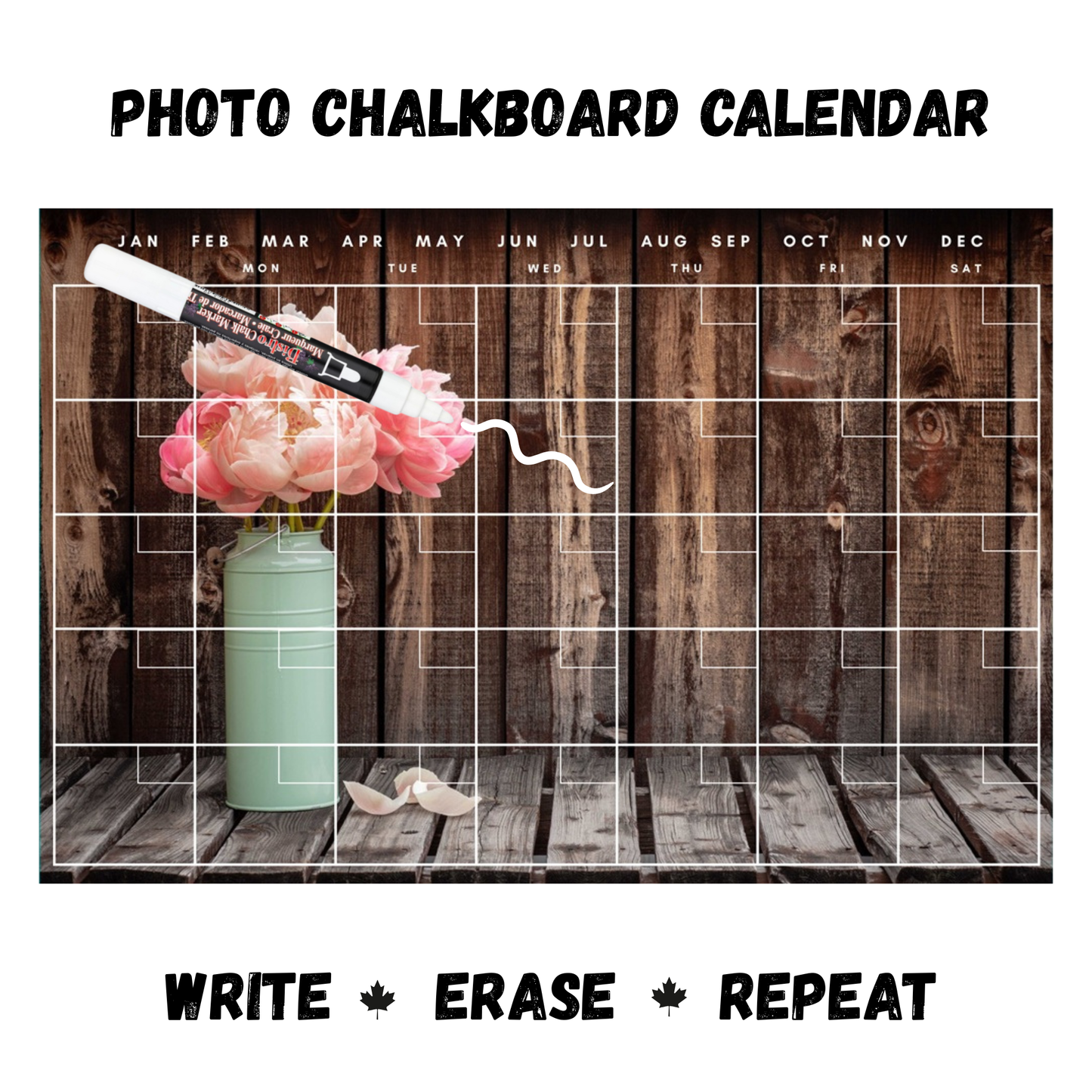 Peonies on Barnboard Calendar PHOTO  CHALKBOARD Includes Chalkboard, Chalk Marker and Stand