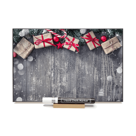 "Presents On Barnboard"  PHOTO CHALKBOARD  Includes Chalkboard, Chalk Marker & Stand