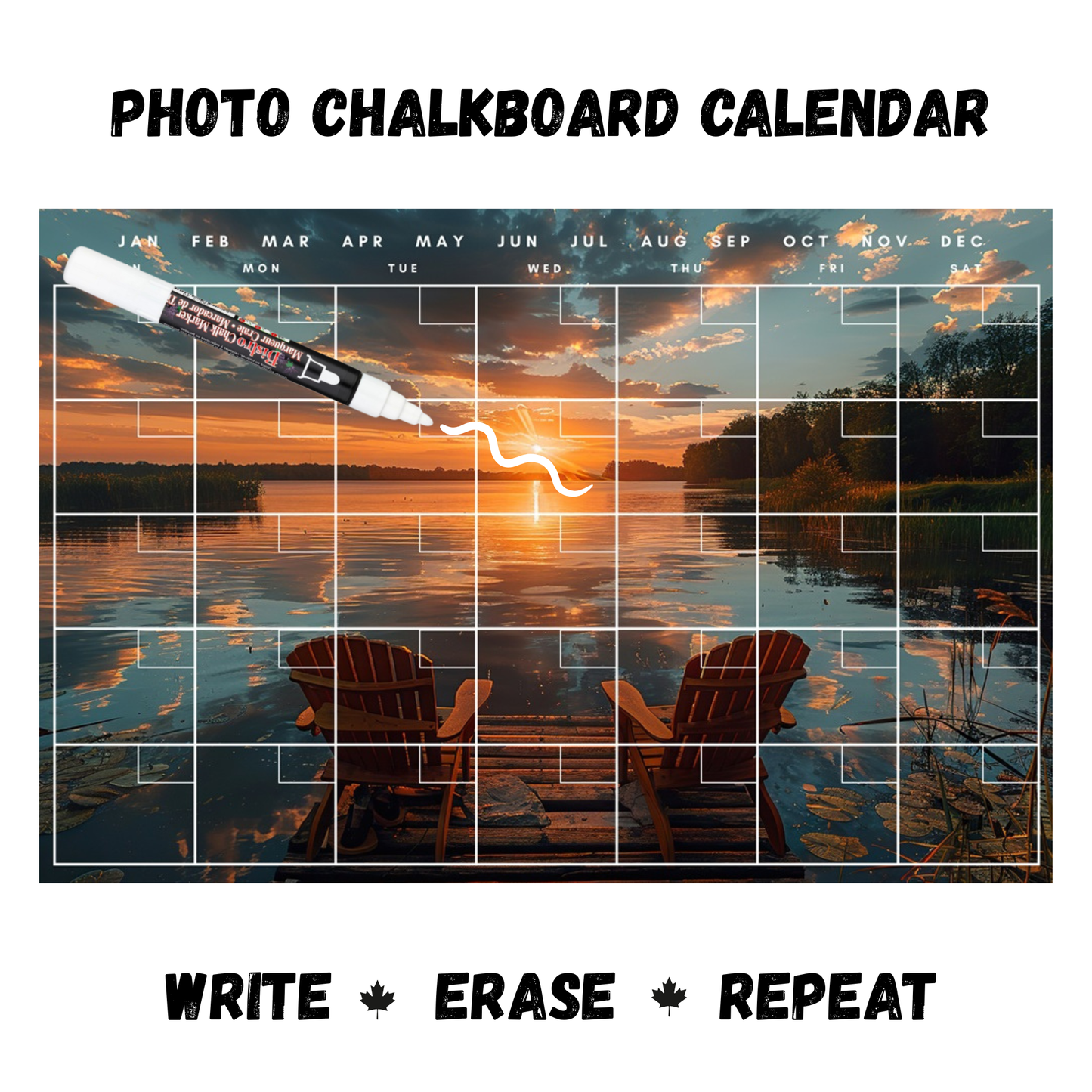 Sunset Dock Calendar PHOTO  CHALKBOARD Includes Chalkboard, Chalk Marker and Stand
