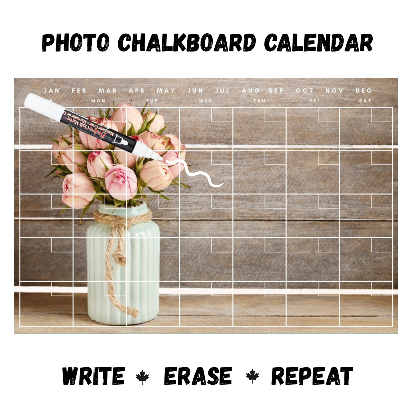 Peonies on Barnboard Calendar PHOTO  CHALKBOARD Includes Chalkboard, Chalk Marker and Stand